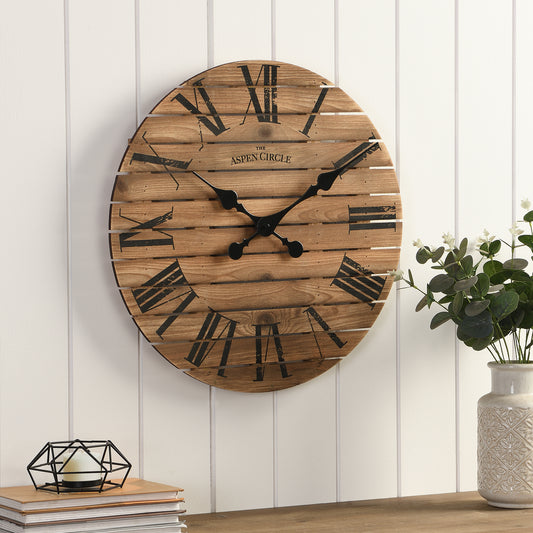 Evie Wall Clock, Brown Solid Wood 18 Inch