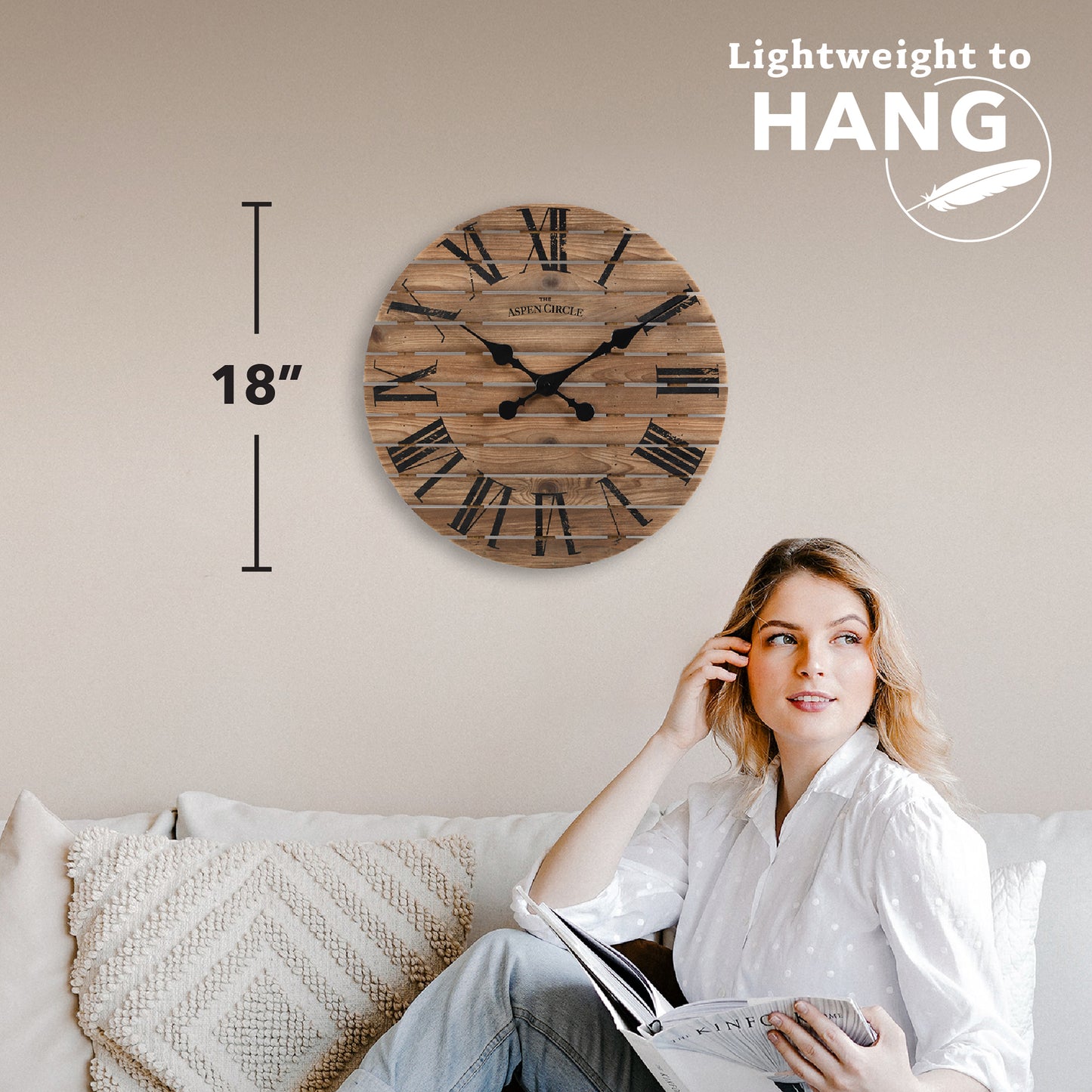 Evie Wall Clock, Brown Solid Wood 18 Inch