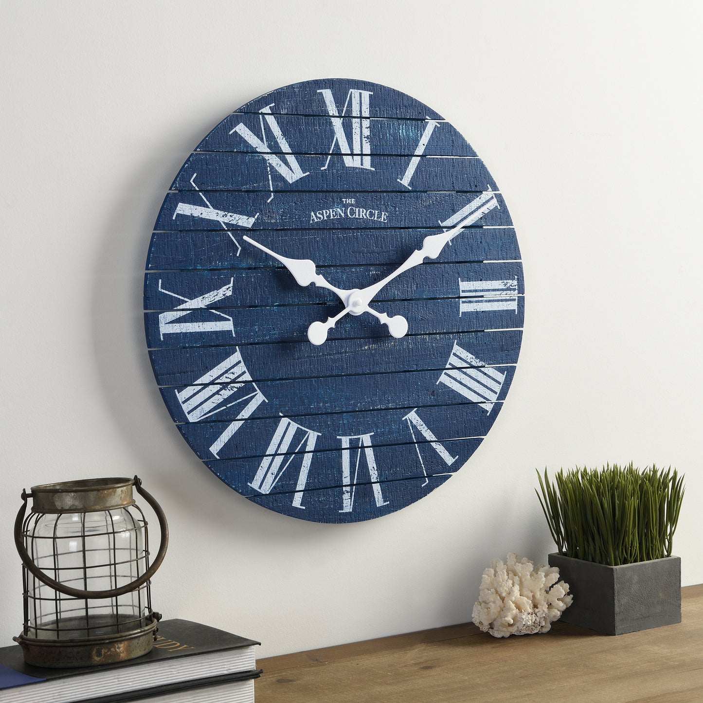 Evie Wall Clock, Navy Blue Solid Wood 18 Inch