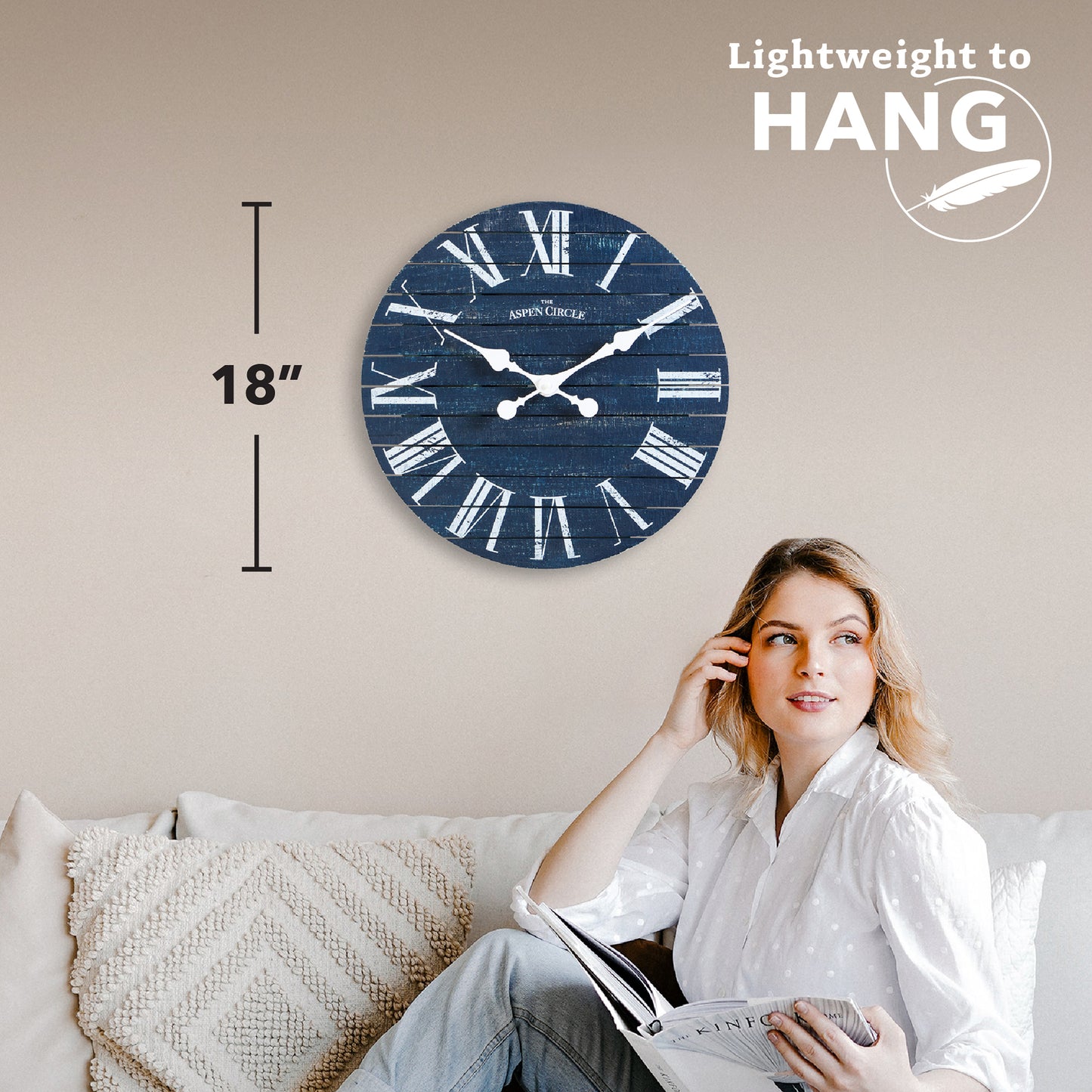 Evie Wall Clock, Navy Blue Solid Wood 18 Inch