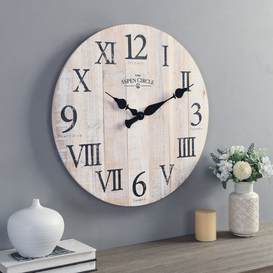 Elias Wall Clock, White Solid Wood 24 Inch