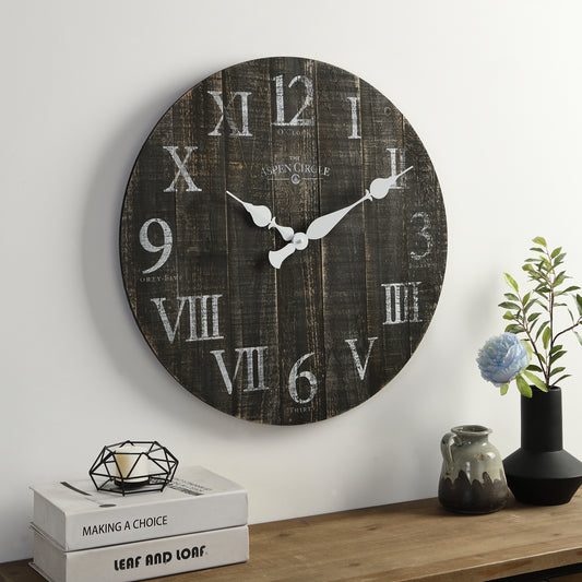 Elias Wall Clock, Black Solid Wood 24 Inch