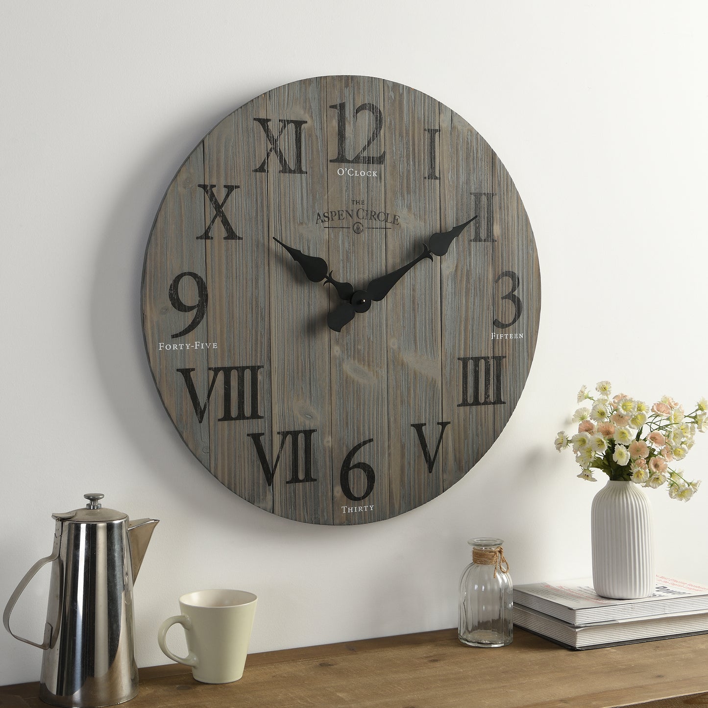 Elias Wall Clock, Gray Solid Wood 24 Inch