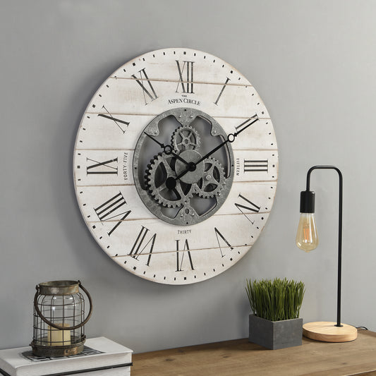 Brighton Gears Wall Clock, White Wood 24 Inch