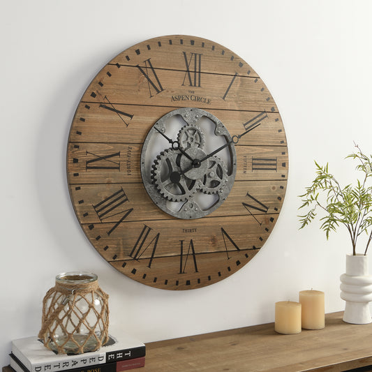 Brighton Gears Wall Clock, Brown Wood 27 Inch