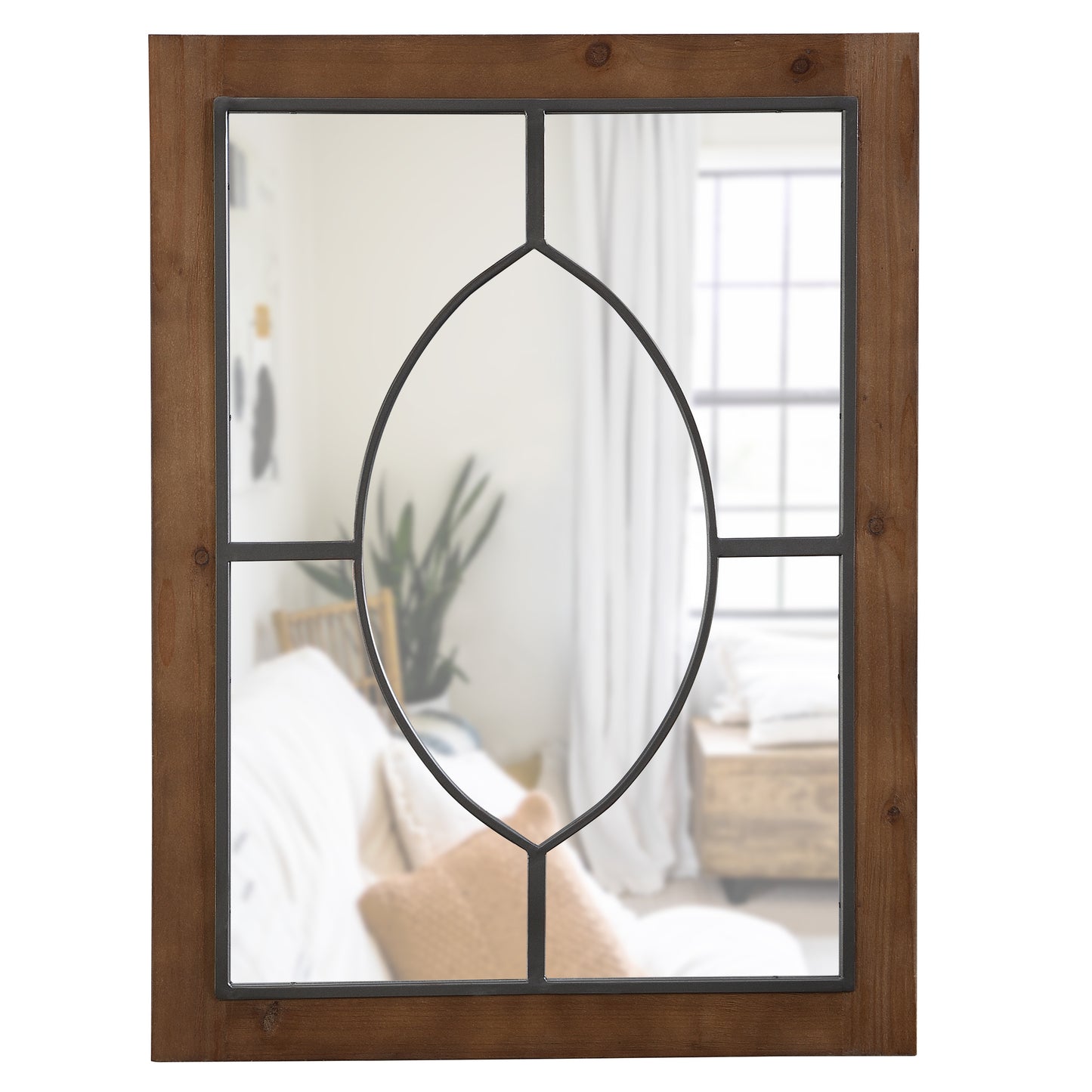 Juliet Window Wall Mirror, Brown Wood 31.5 Inch