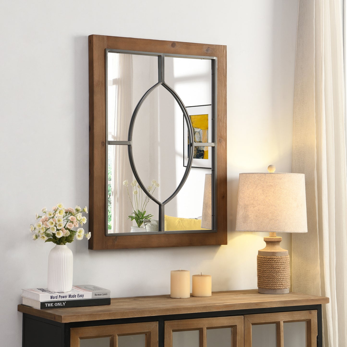 Juliet Window Wall Mirror, Brown Wood 31.5 Inch